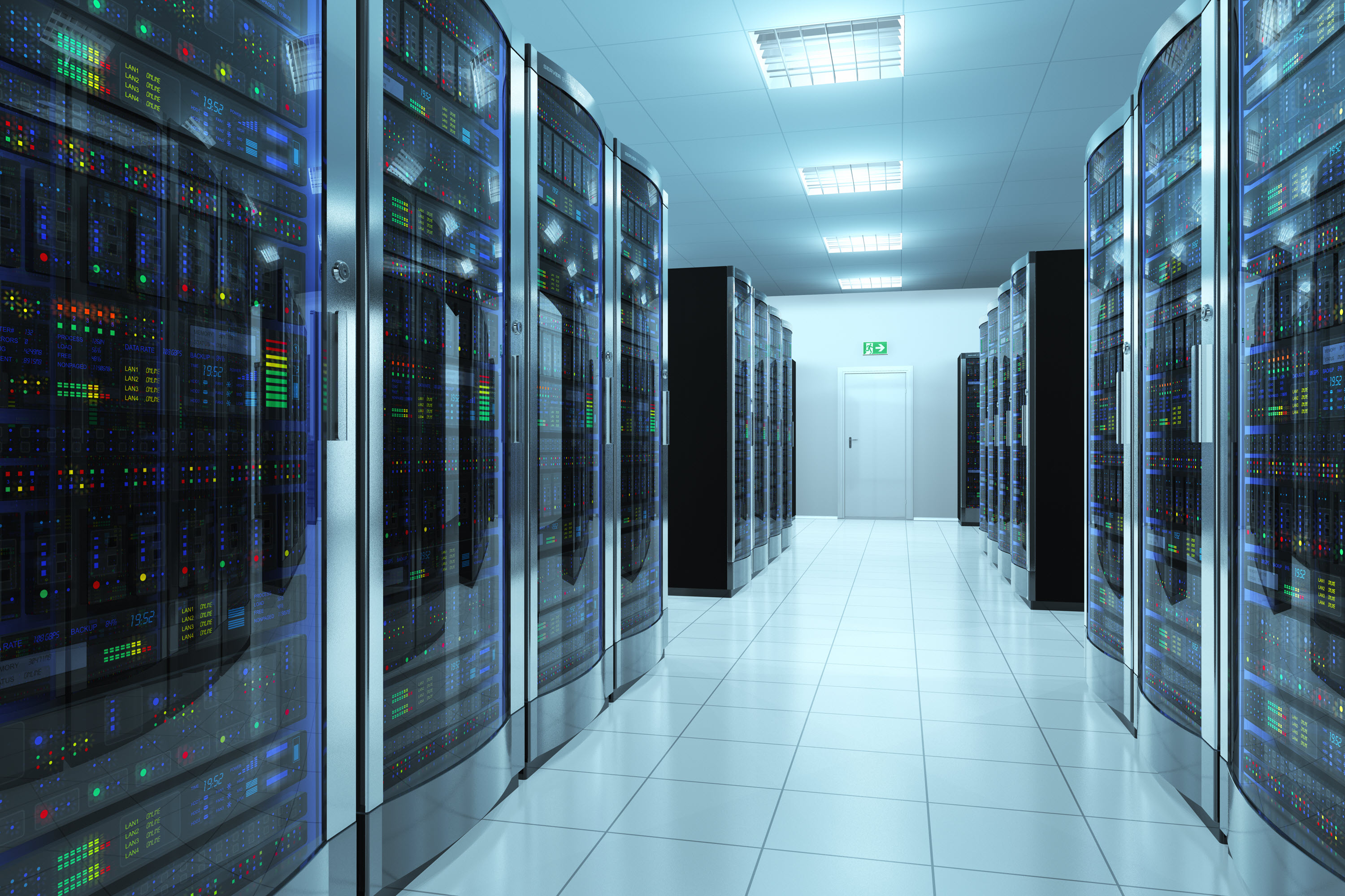 A second image of a server room with servers containing digital information
